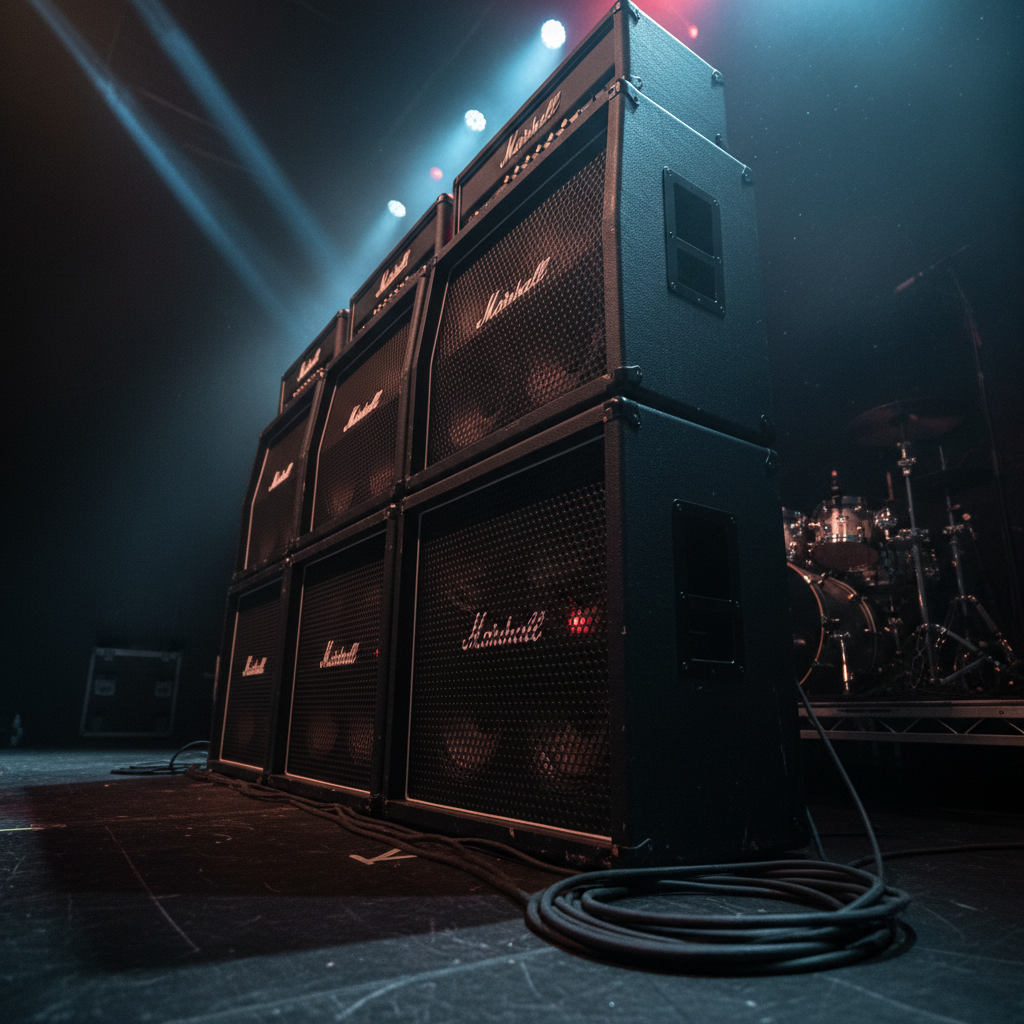 A towering matte-black guitar amplifier stack, its metal grilles slightly scuffed and glowing with ember-red power lights, dominates a dark stage. Coiled instrument cables snake across a scratched black floor toward an unseen source. Thin beams of icy blue and deep crimson stage lights slice through a faint haze of fog, catching dust motes in midair. Photographic realism with a bold, high-contrast look, shot from a low angle so the amp feels massive and imposing. Background elements are blurred speaker cabinets and drum shells, creating a sense of a thrash metal live rig ready to erupt, with an intense, anticipatory atmosphere.