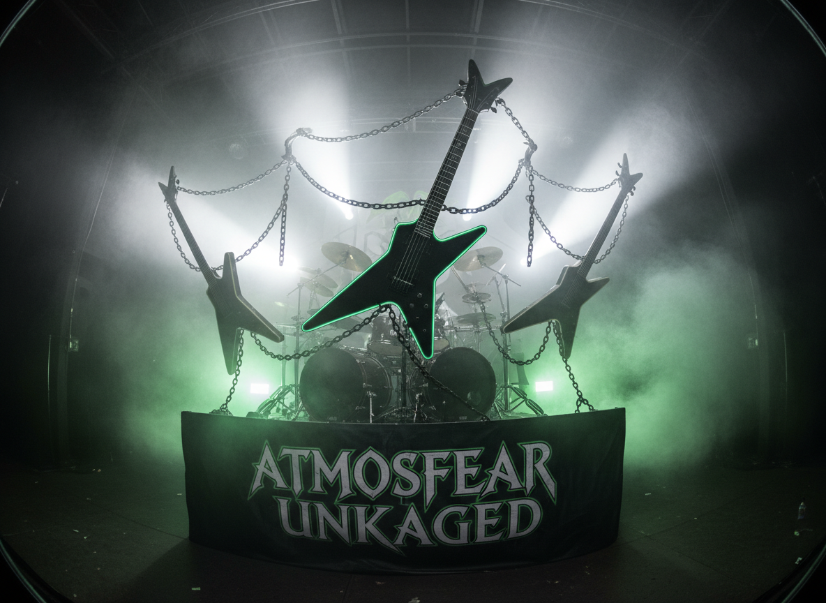 A dramatic, photographic promotional scene of a thrash metal “entity” represented by a tangle of floating, spiked guitar necks and chains forming a phantom band shape at center stage. No humans are present, only the instruments: matte-black V-shaped guitars, a brutal-looking bass with jagged edges, and a skeletal drum kit made of dark chrome. They appear suspended in mid-performance under blinding white and toxic green spotlights that punch through dense stage fog. Shot from the crowd’s eye level with wide-angle distortion, the composition feels loud and chaotic, perfectly embodying the bold, unleashed energy of AtmosFear Unkaged.